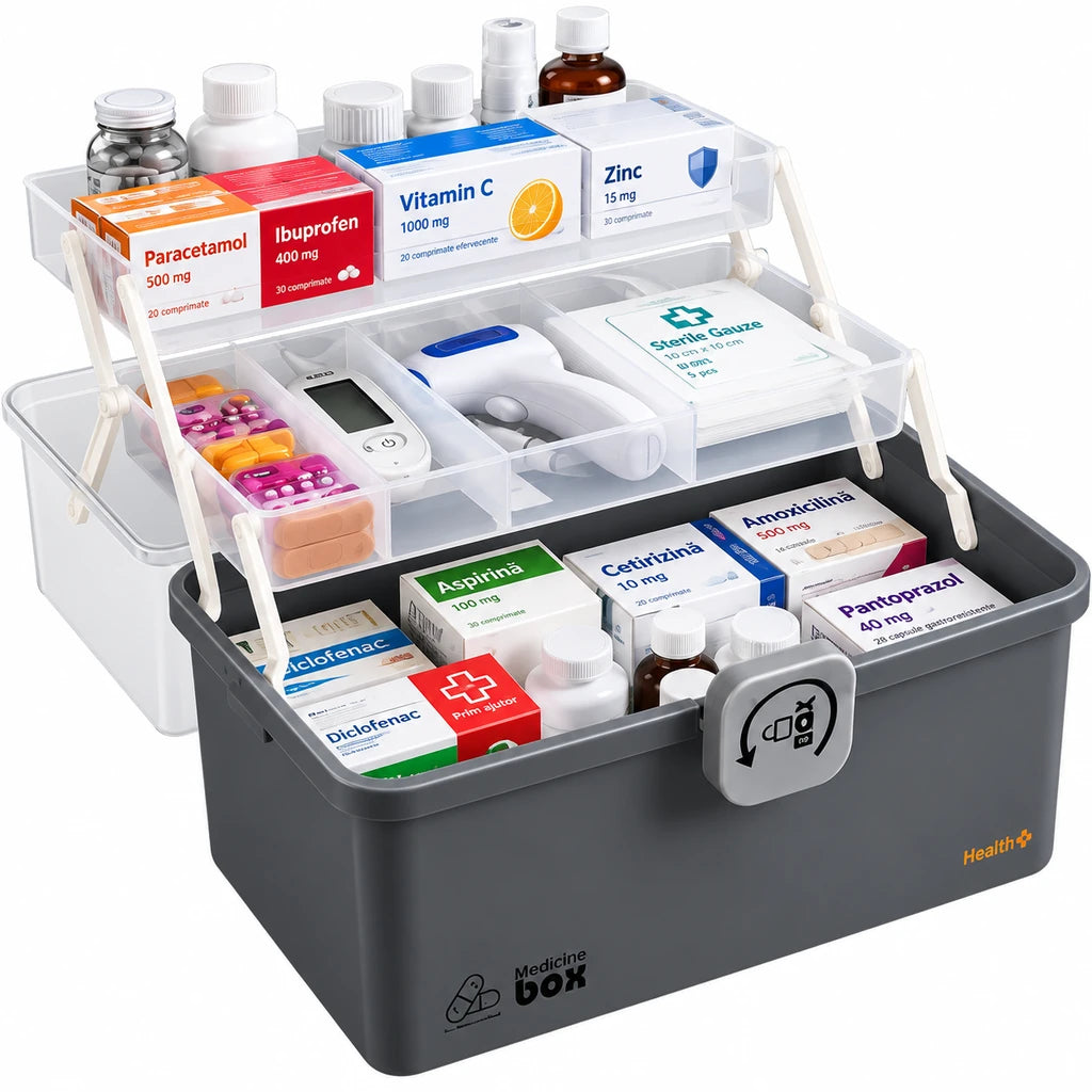 Organizator Pentru Medicamente, 32 x 22,5 x 19 cm, Compartimente Rabatabile, Capac Transparent, Gri
