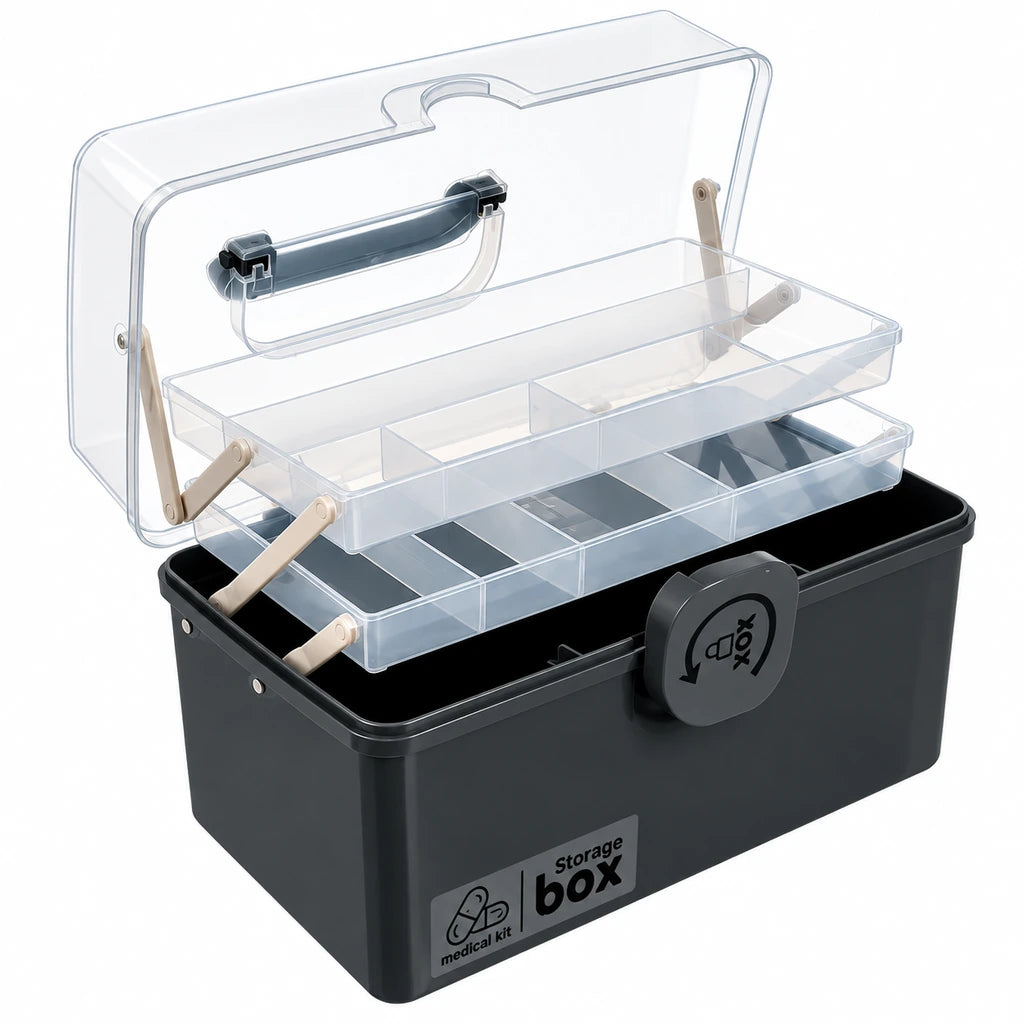Organizator Pentru Medicamente, 32 x 22,5 x 19 cm, Compartimente Rabatabile, Capac Transparent, Gri