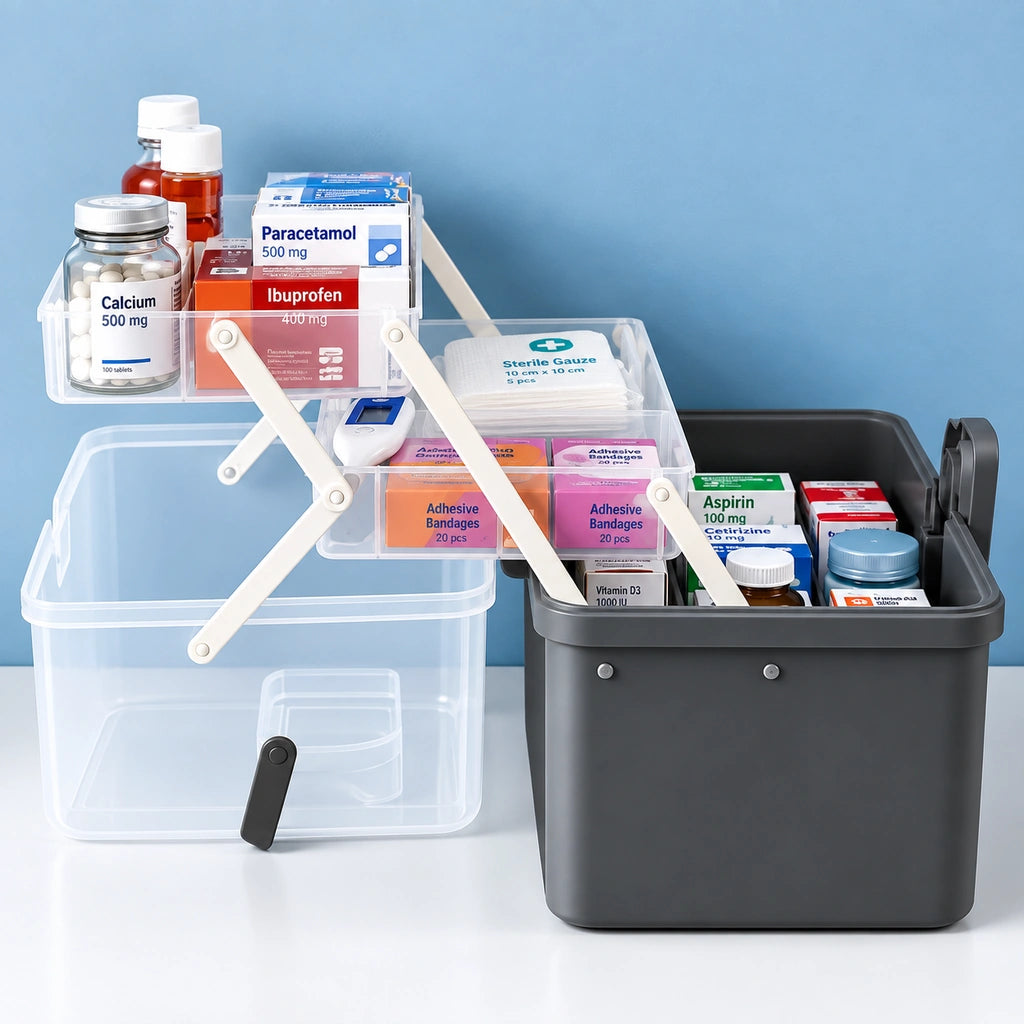 Organizator Pentru Medicamente, 32 x 22,5 x 19 cm, Compartimente Rabatabile, Capac Transparent, Gri