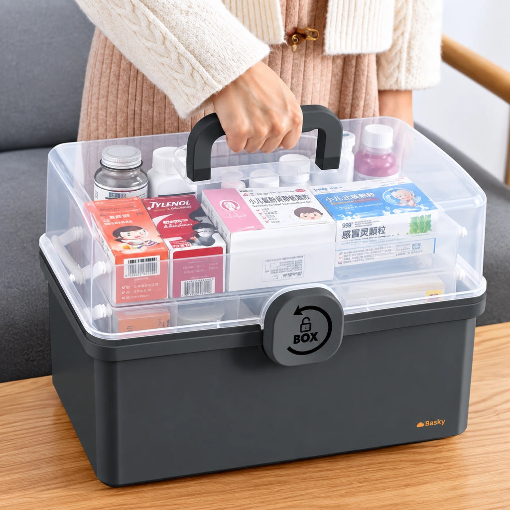 Organizator Pentru Medicamente, 32 x 22,5 x 19 cm, Compartimente Rabatabile, Capac Transparent, Gri
