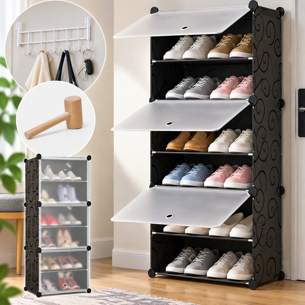 Pantofar 6 Nivele, 30 x 11,5 x 93 cm, Cadru Metalic, Modular, Negru