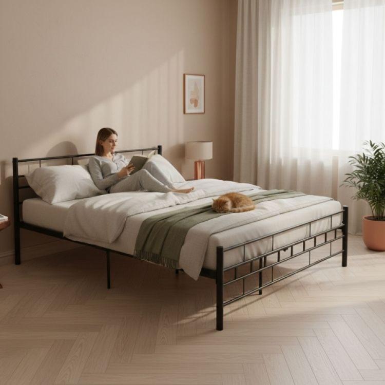 Cadru de Pat Metalic pentru Dormitor 140x200 cm, Negru, Fără Saltea - MAXY
