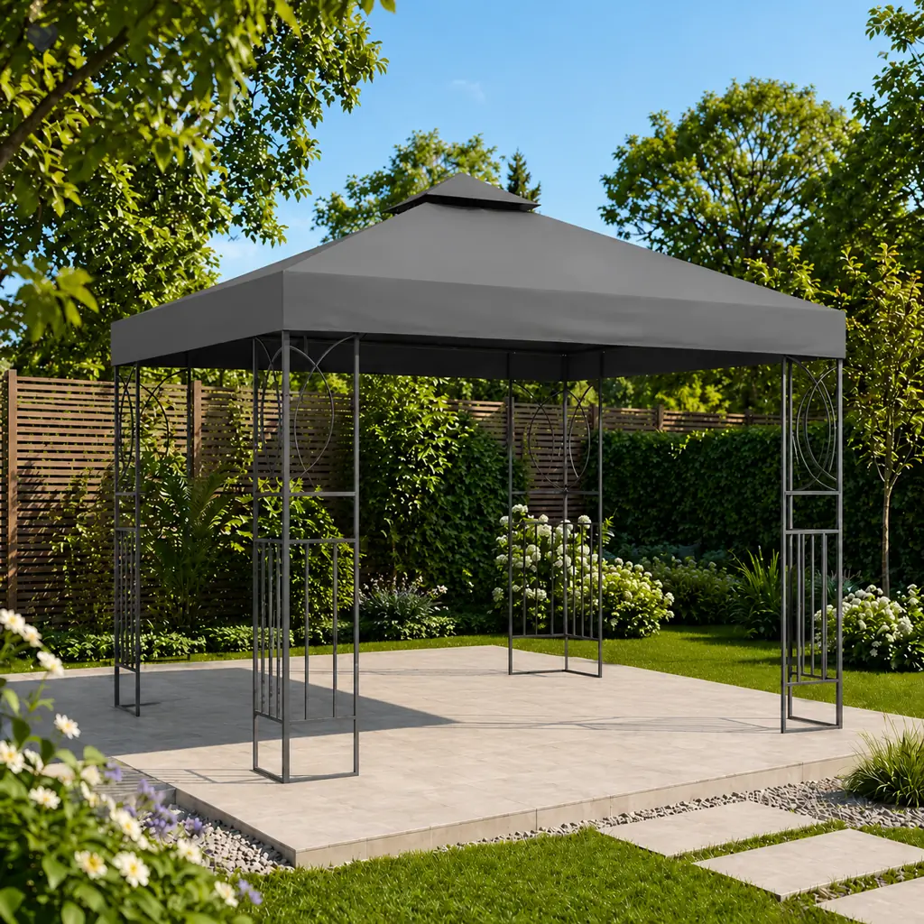 Pavilion de Grădină 3x3 m Gri cu Plasă Anti-Țânțari - MAXY