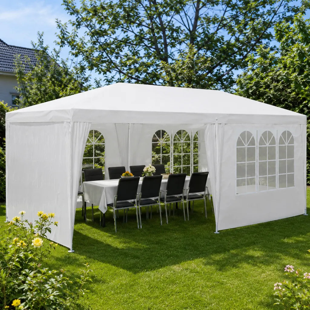 Pavilion de Grădină 3 x 6 m cu 6 Pereți Laterali și Ferestre, Plonos, Alb