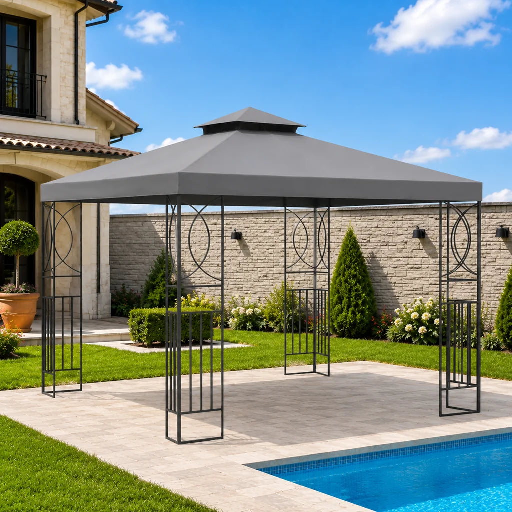 Pavilion de Grădină 3x3 m Gri cu Plasă Anti-Țânțari - MAXY