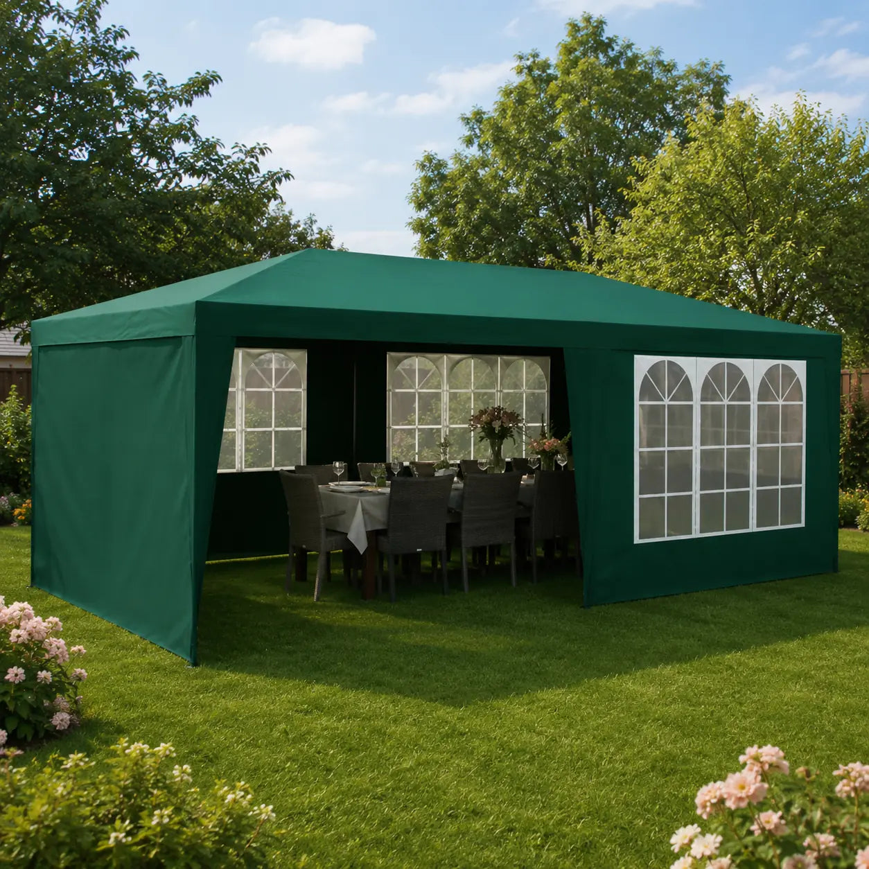Pavilion De Grădină 3x6 m Cu 6 Pereți, Ferestre Mari și Protecție UV, Verde