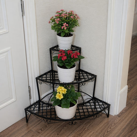 Pergolă eleganta de Colț pentru Flori cu 3 Rafturi, dimensiune 60x60x60 cm, negru - MAXY
