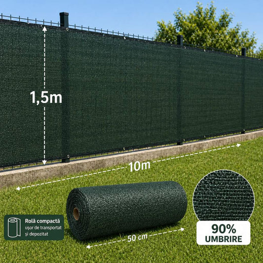 Plasă Umbrire Gard 90% – Verde Închis, 1.5 x 10 m - MAXY