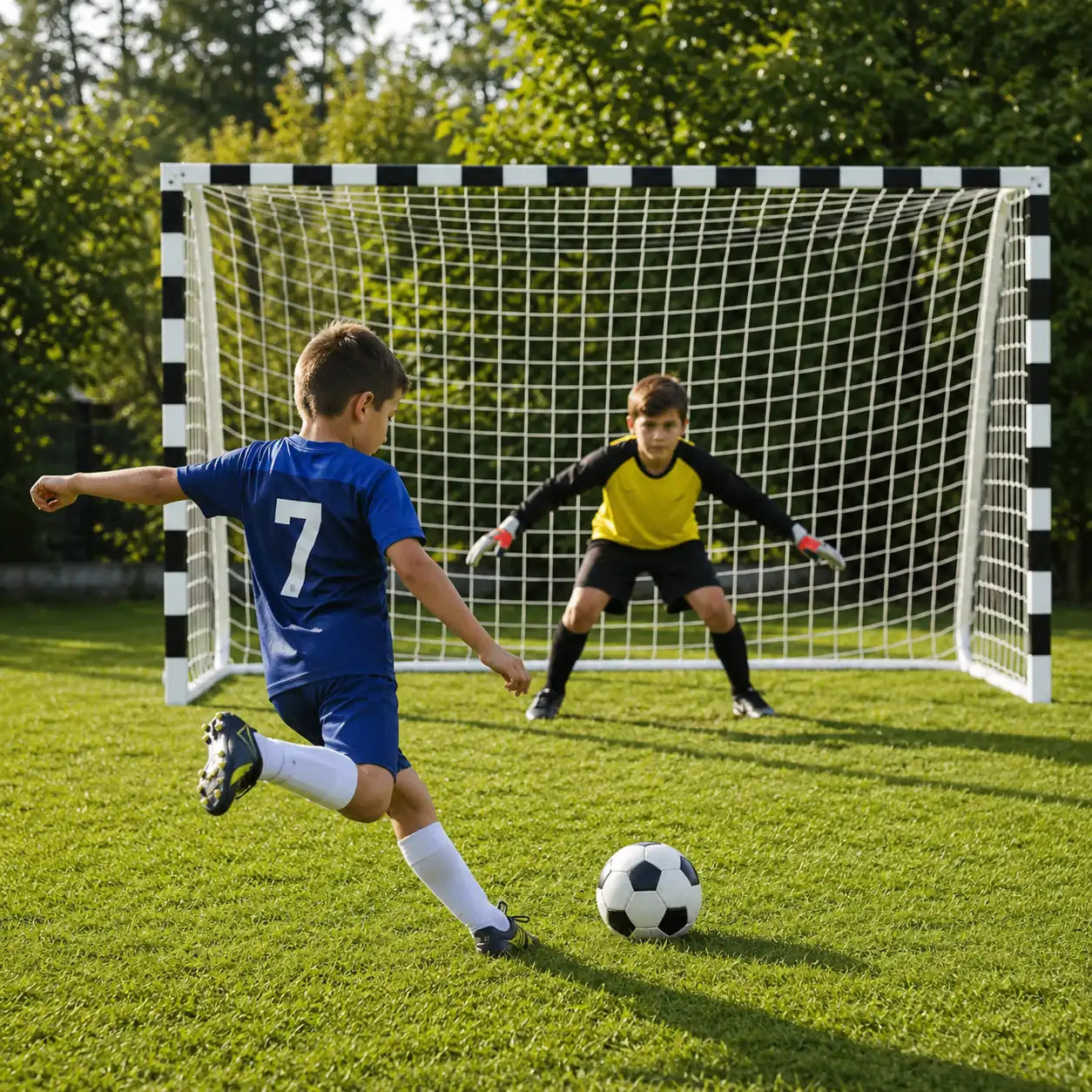 Poartă de Fotbal 180 x 120 cm cu Plasă Rezistentă și Sistem de Fixare la Sol