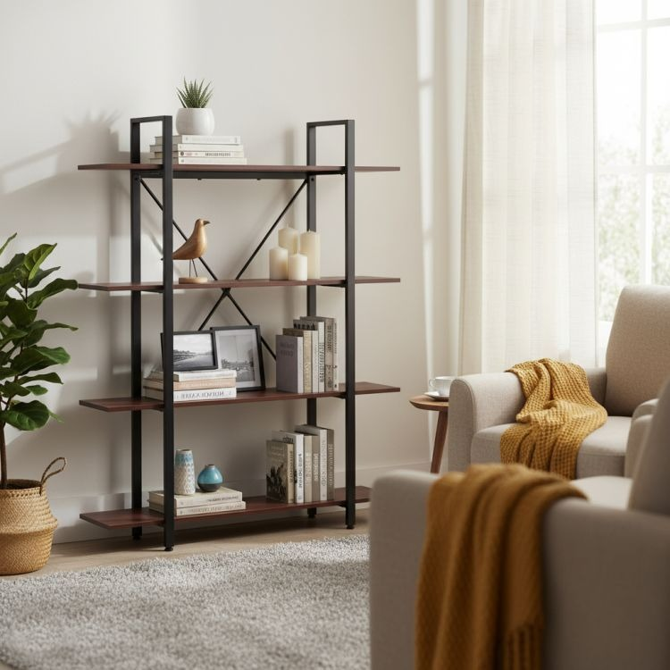 Raft Bibliotecă cu 4 Polițe în Stil Industrial 105x27,5x140cm, MDF și Metal