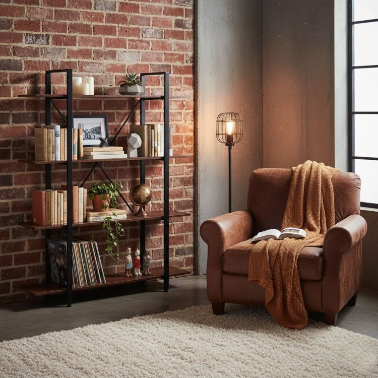 Raft Bibliotecă cu 4 Polițe în Stil Industrial 105x27,5x140cm, MDF și Metal