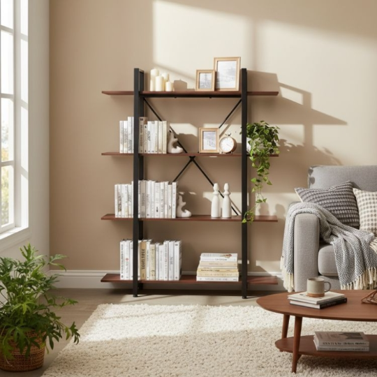 Raft Bibliotecă cu 4 Polițe în Stil Industrial 105x27,5x140cm, MDF și Metal