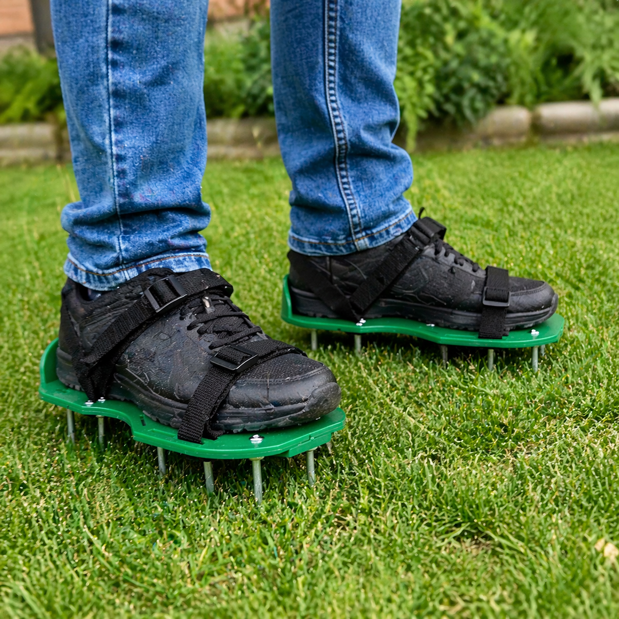 sandale aerator gazon cu cuie metalice pentru intretinerea peluzei