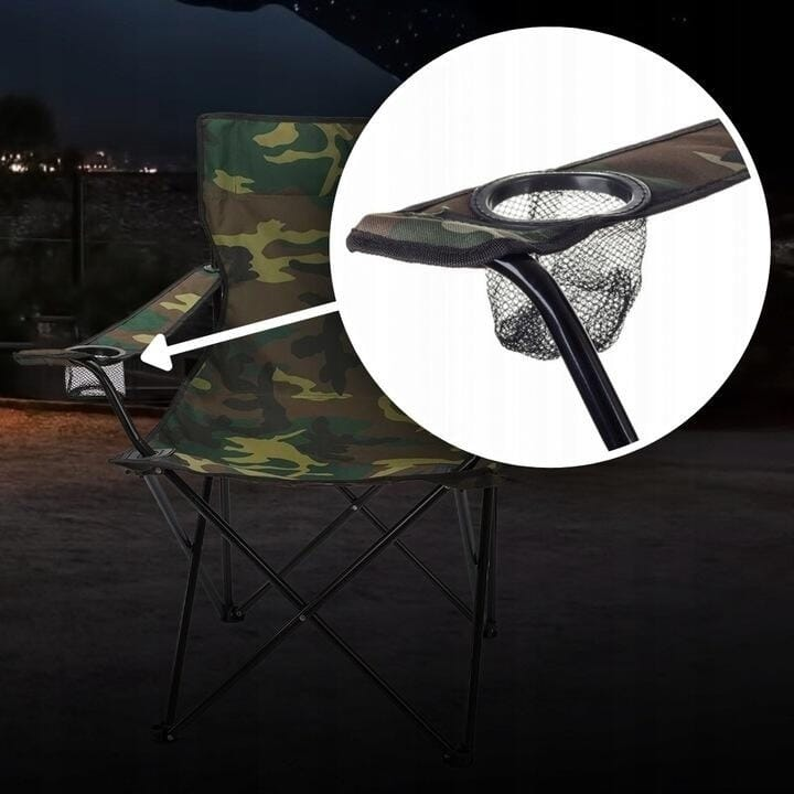 Scaun Pliabil pentru Camping și Pescuit cu Suport Pahar, Camuflaj Verde - MAXY