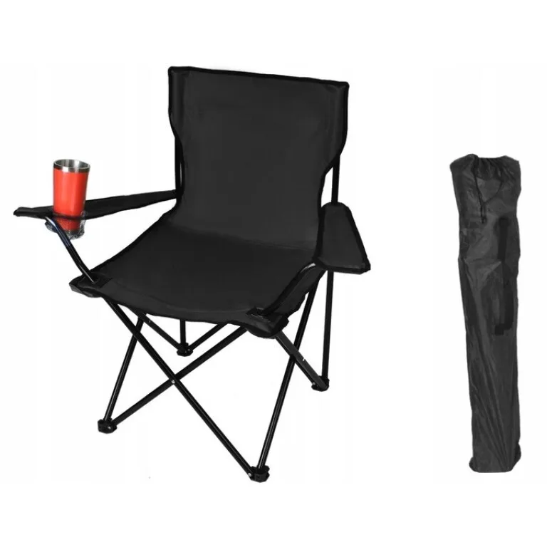 Scaun Pliabil pentru Camping și Pescuit cu Suport pentru Pahar, Negru - MAXY