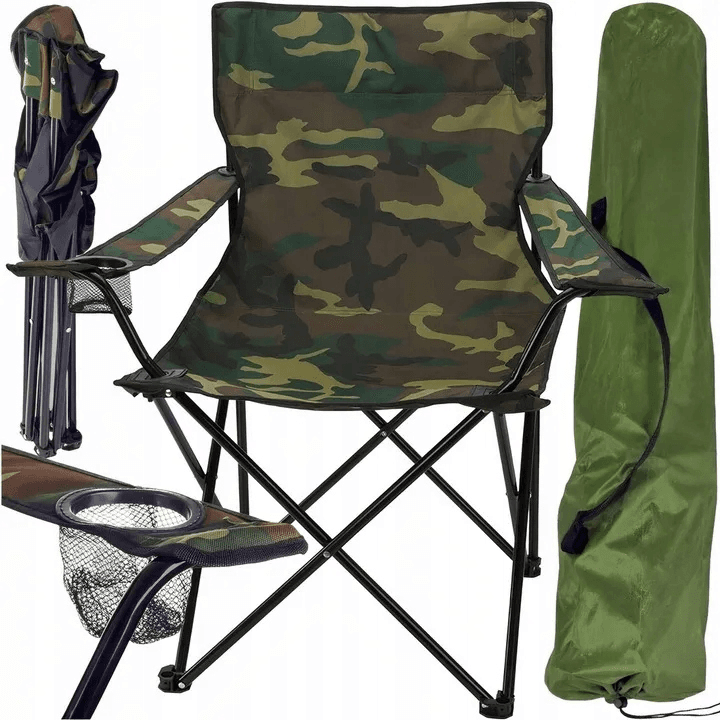 Scaun Pliabil pentru Camping și Pescuit cu Suport Pahar, Camuflaj Verde - MAXY