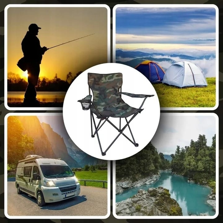 Scaun Pliabil pentru Camping și Pescuit cu Suport Pahar, Camuflaj Verde - MAXY