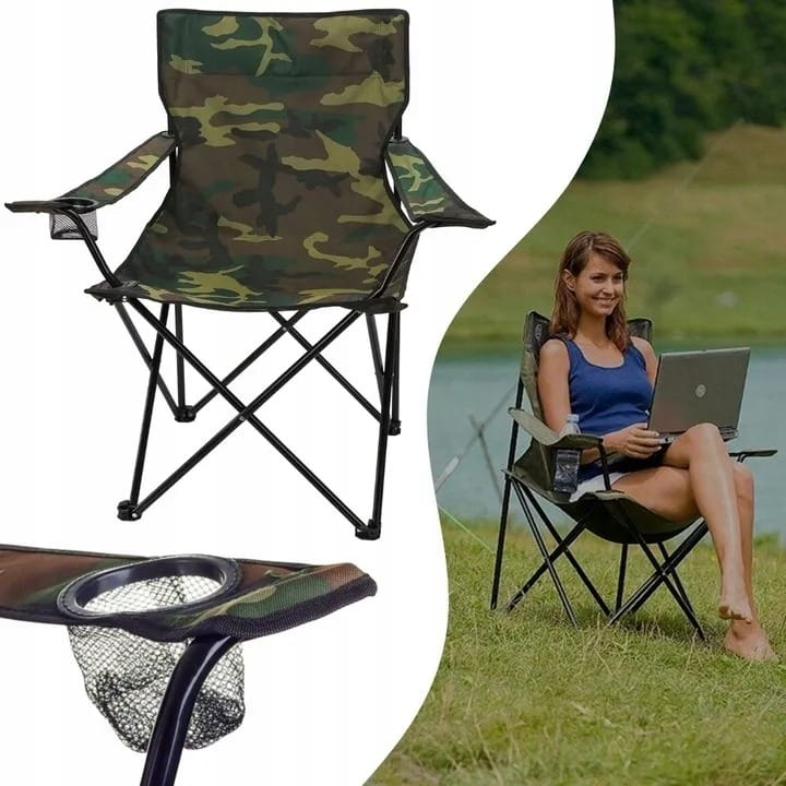 Scaun Pliabil pentru Camping și Pescuit cu Suport Pahar, Camuflaj Verde - MAXY