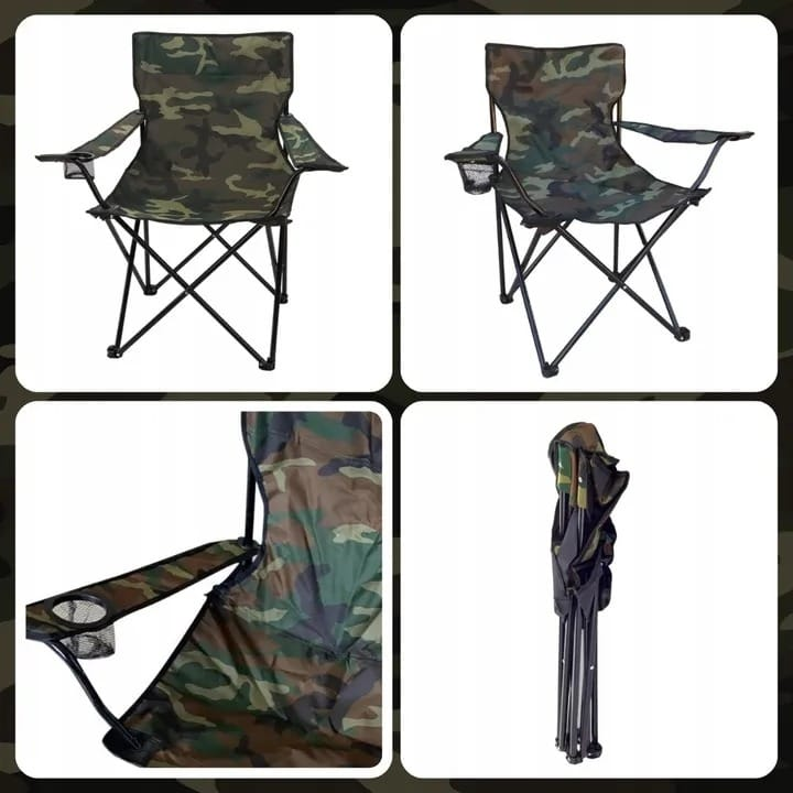 Scaun Pliabil pentru Camping și Pescuit cu Suport Pahar, Camuflaj Verde - MAXY