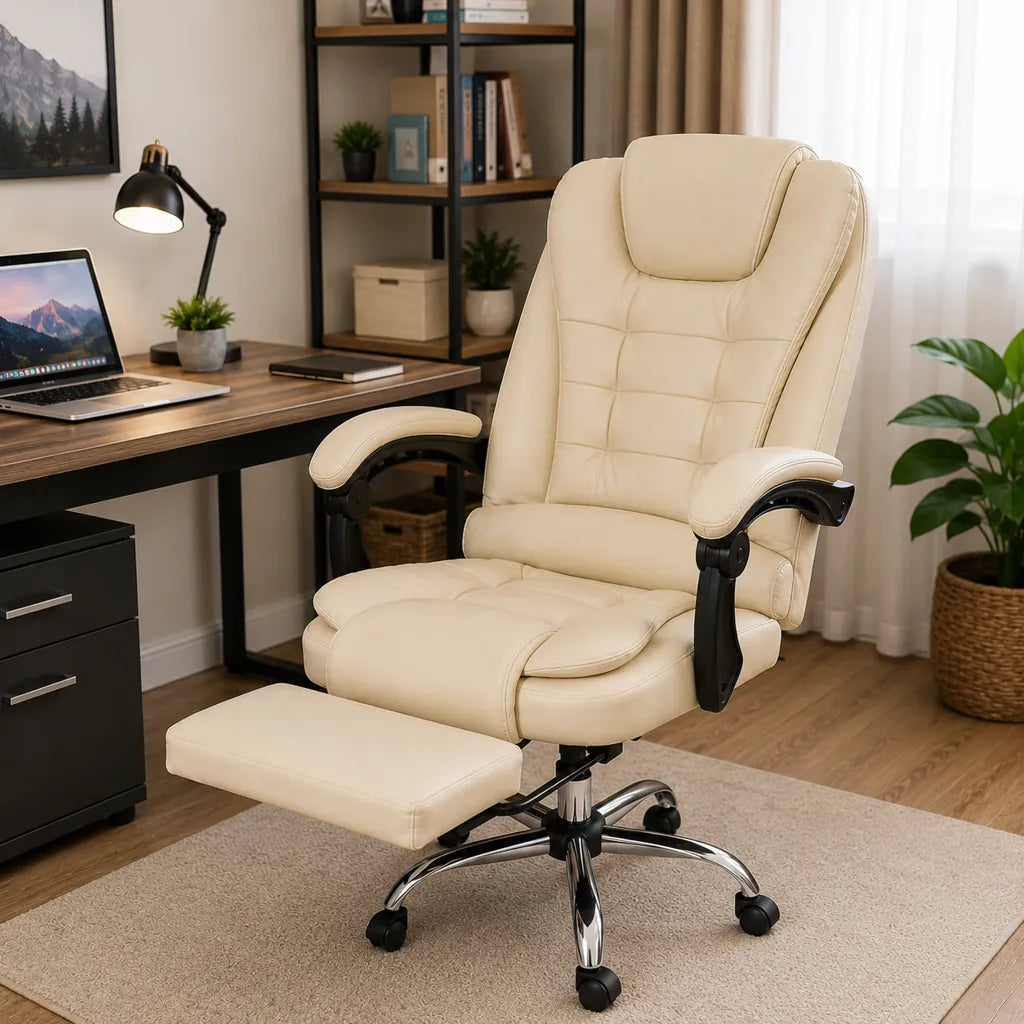 Scaun de Birou Directorial Ergonomic cu Suport pentru Picioare și Suport Lombar, Crem - MAXY