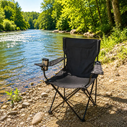 Scaun Pliabil pentru Camping și Pescuit cu Suport pentru Pahar, Negru - MAXY