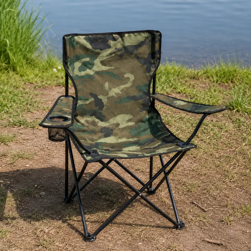 Scaun Pliabil pentru Camping și Pescuit cu Suport Pahar, Camuflaj Verde - MAXY