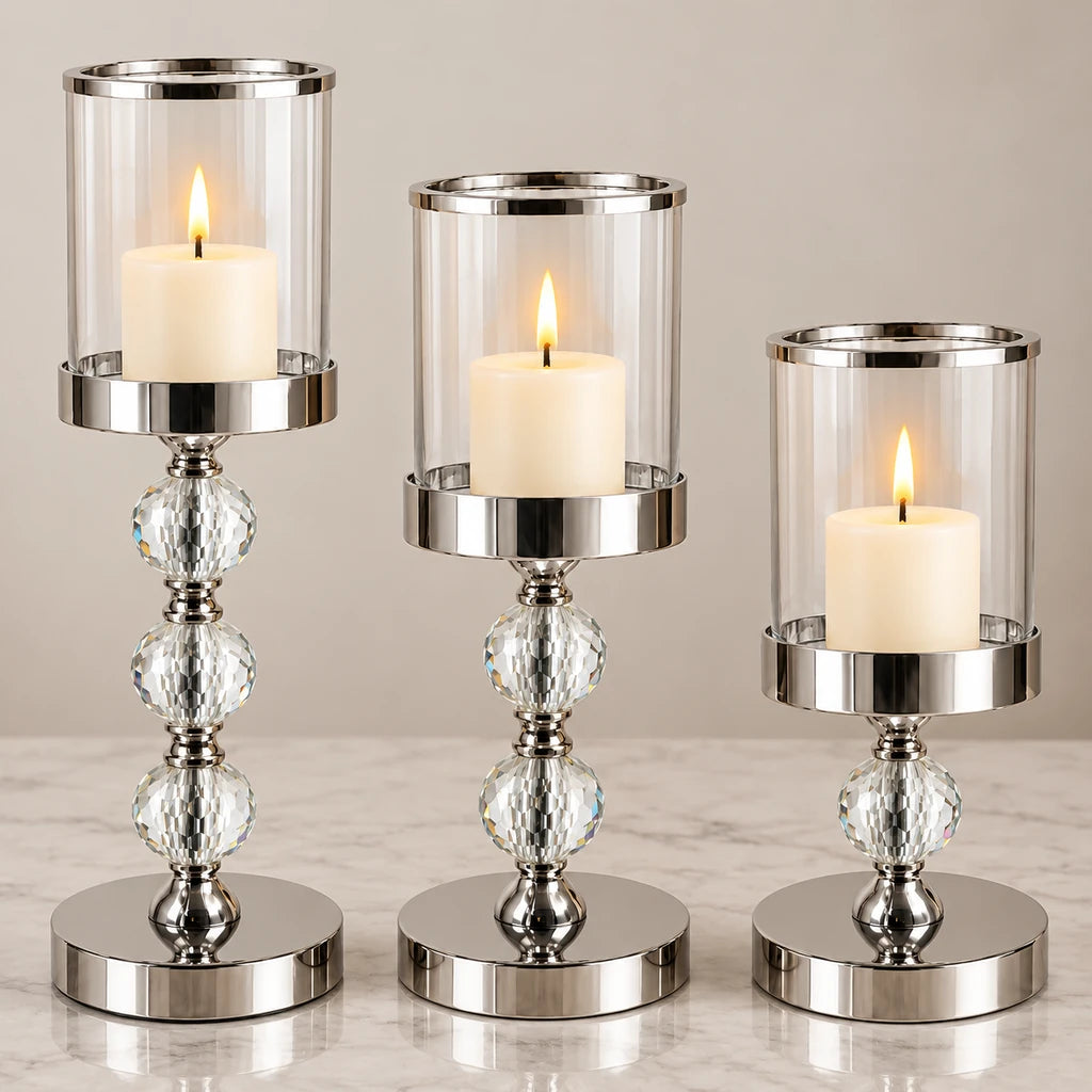 Set 3 Sfeșnice Decorative cu Cristale, Înălțimi 18 / 34,5 / 41 cm, Argintiu / Transparent