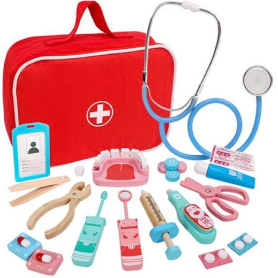 Set De Joaca Doctor Cu Piese Din Lemn Si Gentuta, Multicolor - MAXY