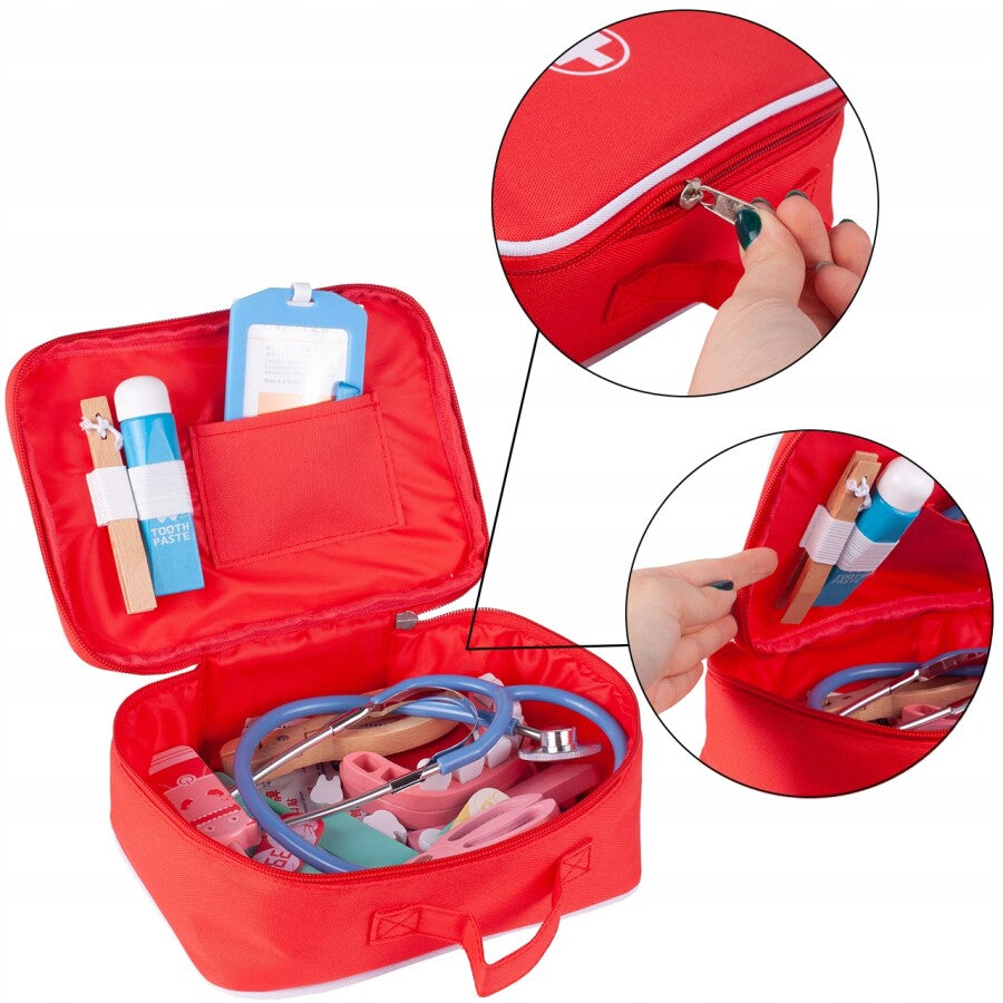Set De Joaca Doctor Cu Piese Din Lemn Si Gentuta, Multicolor - MAXY