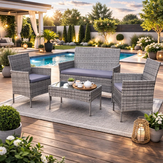 Set Mobilier Grădină Premium – Masă, Canapea și 2 Fotolii | Bej Închis cu Perne Gri - MAXY