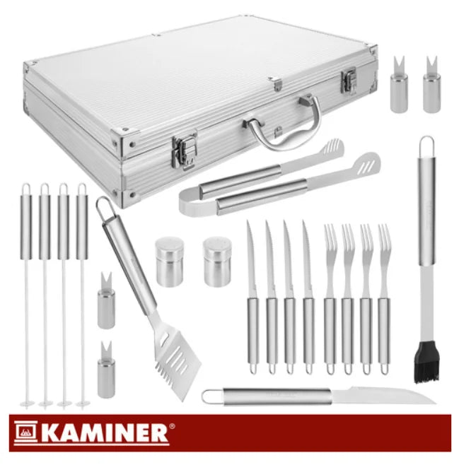 Ustensile Grătar din Oțel Inoxidabil, Set 26 Piese cu Etui, Aluminiu, Kaminer