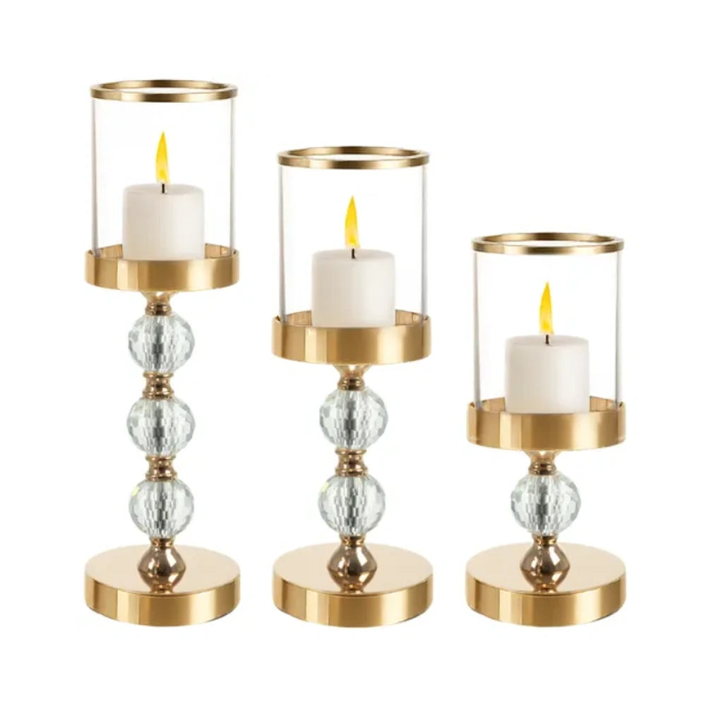 Set 3 Sfeșnice Aurii cu Cristale Decorative pentru Lumânări