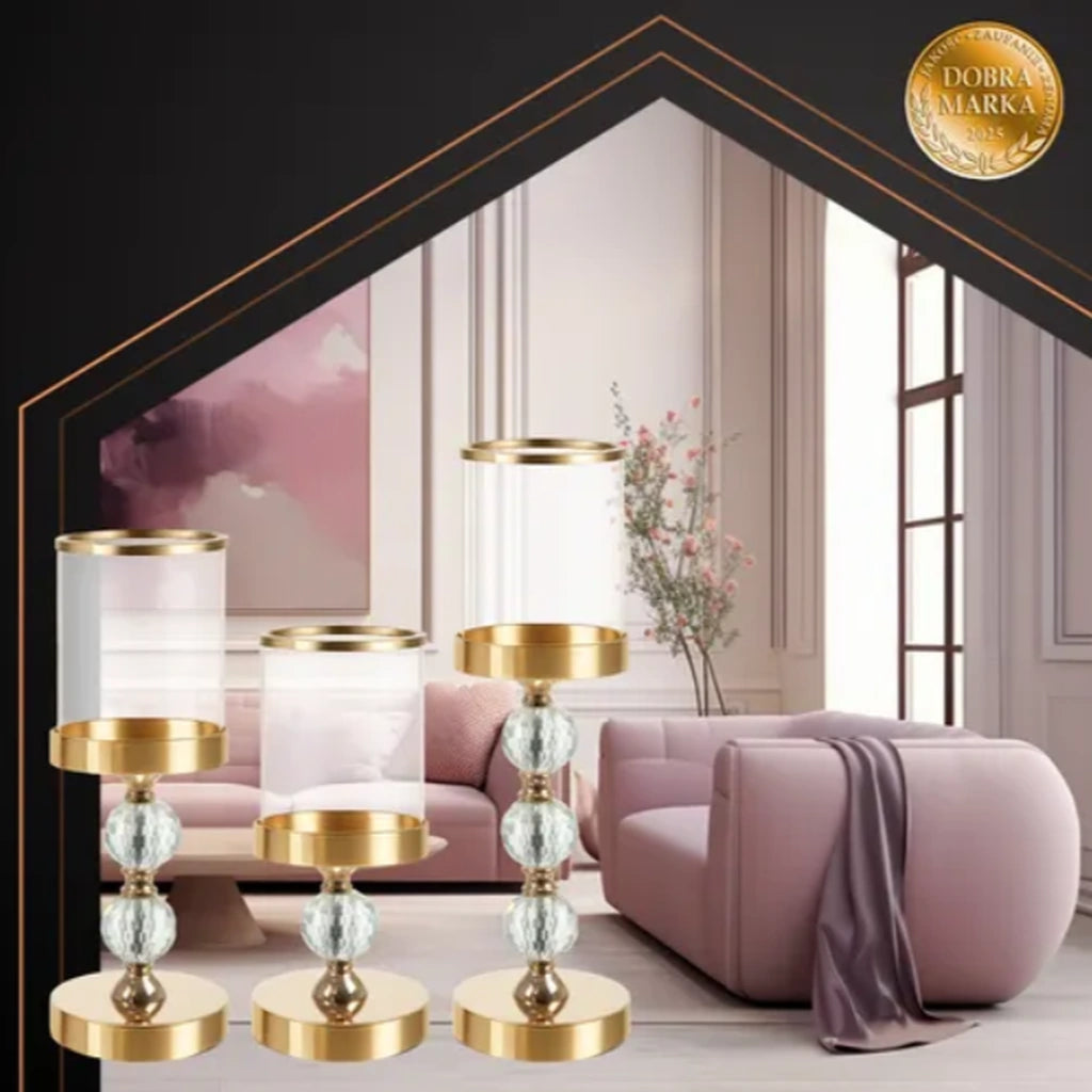 Set 3 Sfeșnice Aurii cu Cristale Decorative pentru Lumânări