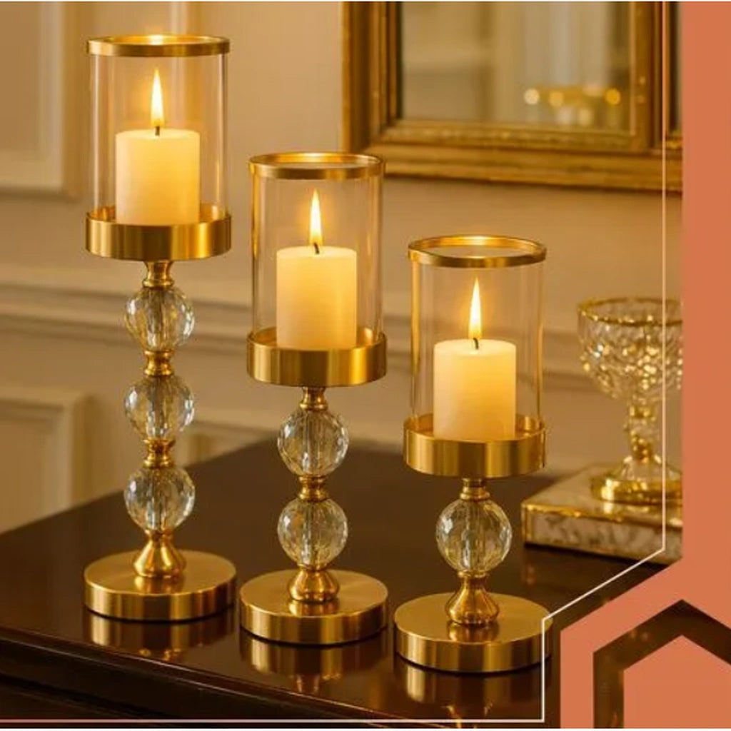 Set 3 Sfeșnice Aurii cu Cristale Decorative pentru Lumânări