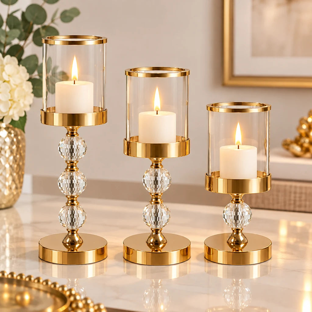 Set 3 Sfeșnice Aurii cu Cristale Decorative pentru Lumânări