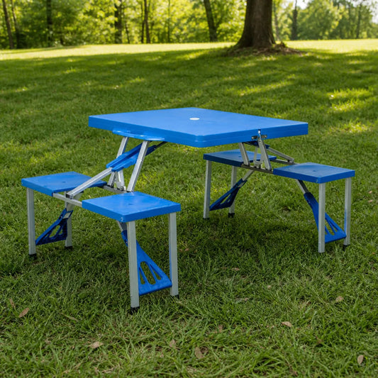 Set Masă Camping Pliabilă cu 4 Scaune din Aluminiu – Tip Valiză, Albastru - MAXY