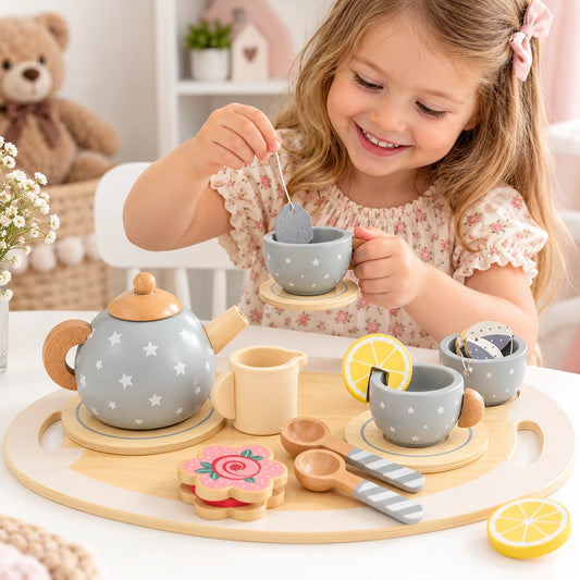 Set De Ceai Din Lemn Pentru Copii, 13 Piese, Gri - MAXY
