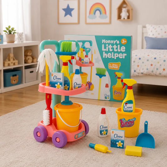 Set Curățenie Copii cu Cărucior, Găleată, Mop, Mătură și Accesorii Multicolore - MAXY