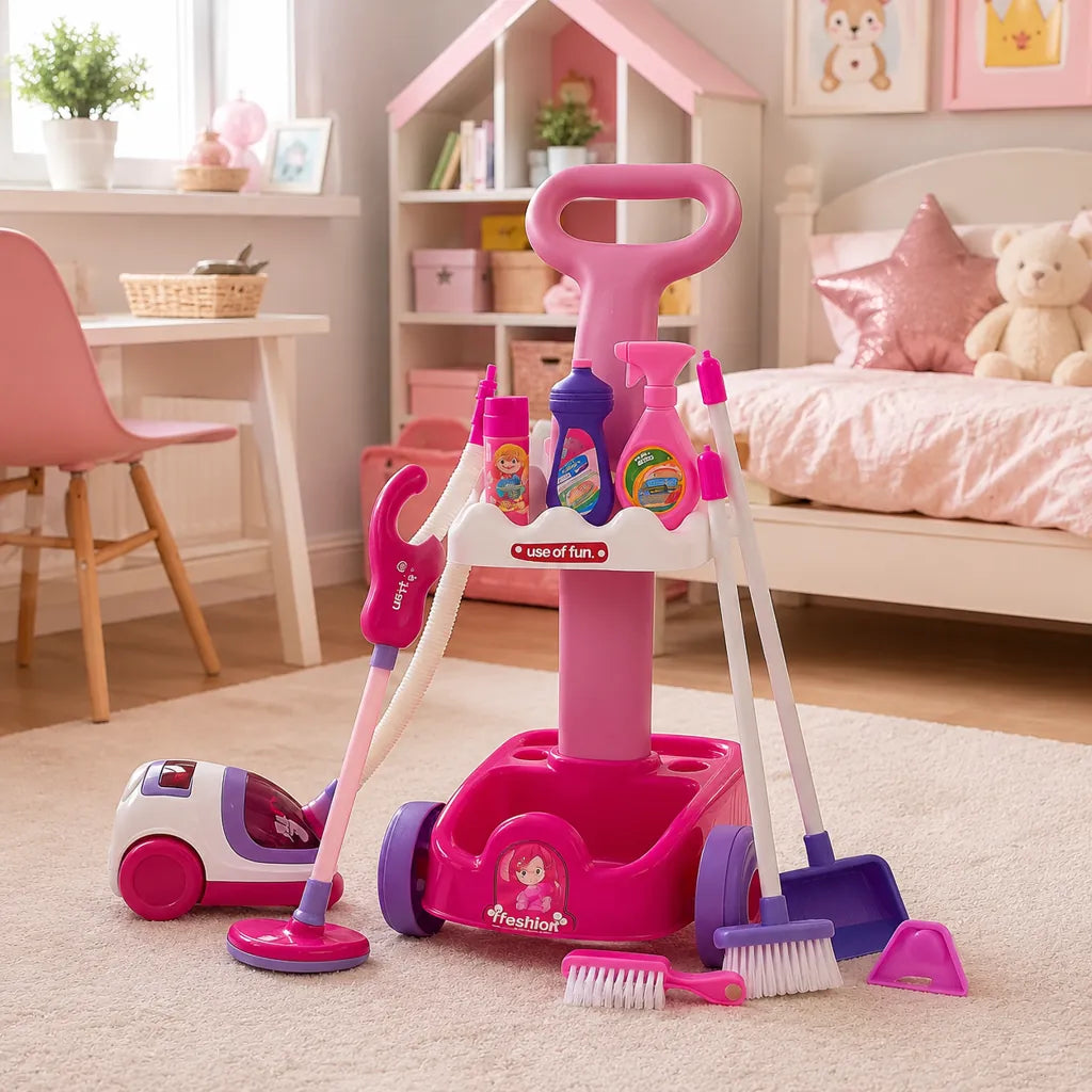 Set Curățenie Copii cu Aspirator, Mătură, Făraș și Accesorii, Roz - MAXY