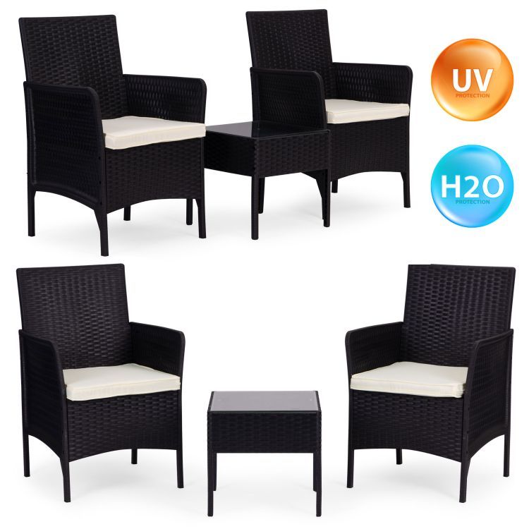 Set Masa Cu 2 Fotolii Gradina, Balcon, Terasa, Cu Perne Crem, Culoare Negru - MAXY