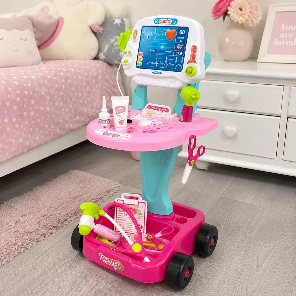 Set Doctor pentru Copii cu Cărucior și 18 Accesorii Medicale, Roz - MAXY