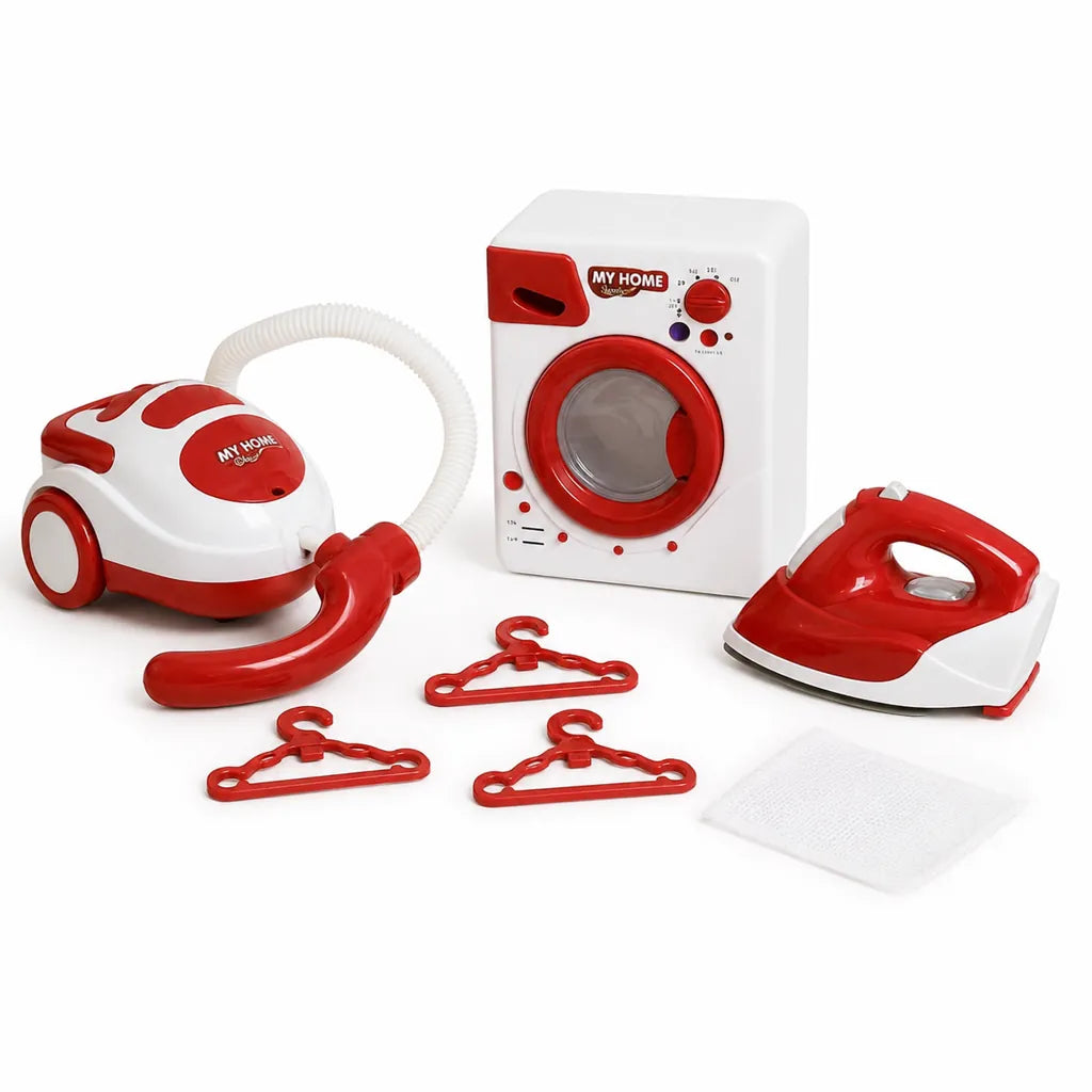 Set Electrocasnice pentru Copii cu Aspirator, Mașină de Spălat, Fier de Călcat și Umerașe - MAXY