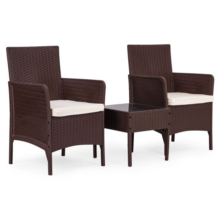 Set Masa Cu 2 Fotolii Gradina, Balcon, Terasa, Cu Perne Crem, Culoare Maro - MAXY