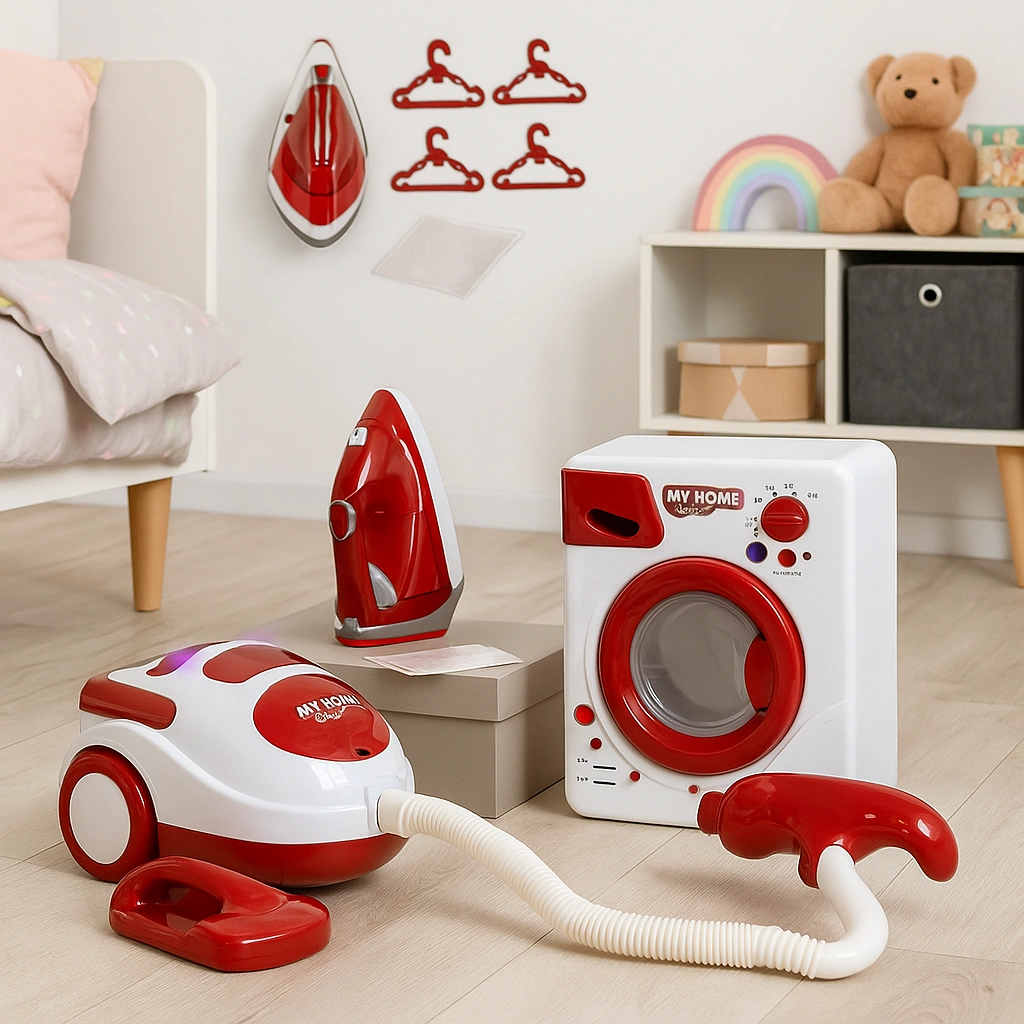 Set Electrocasnice pentru Copii cu Aspirator, Mașină de Spălat, Fier de Călcat și Umerașe - MAXY