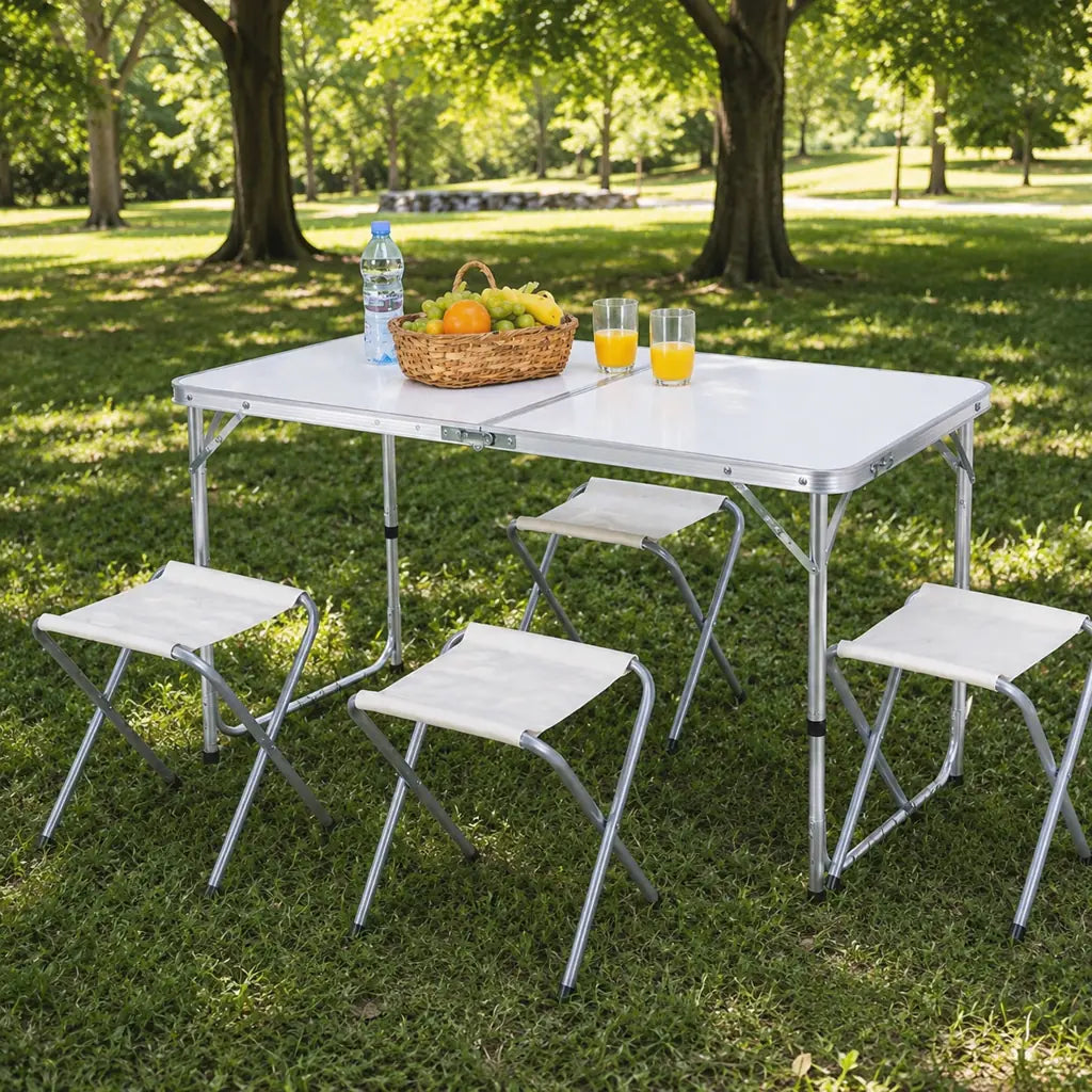 Set Masă Camping Pliabilă cu 4 Scaune, Alb - MAXY