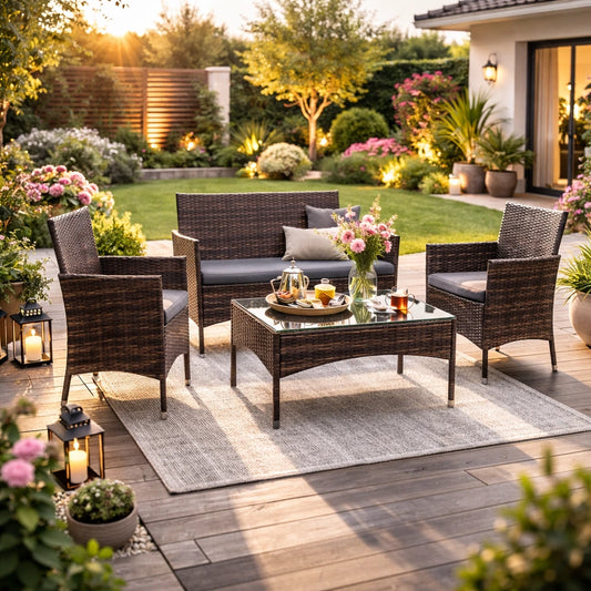 Set Masă de Grădină Premium – Canapea + 2 Fotolii + Masă, Ratan Maro, Perne Gri - MAXY