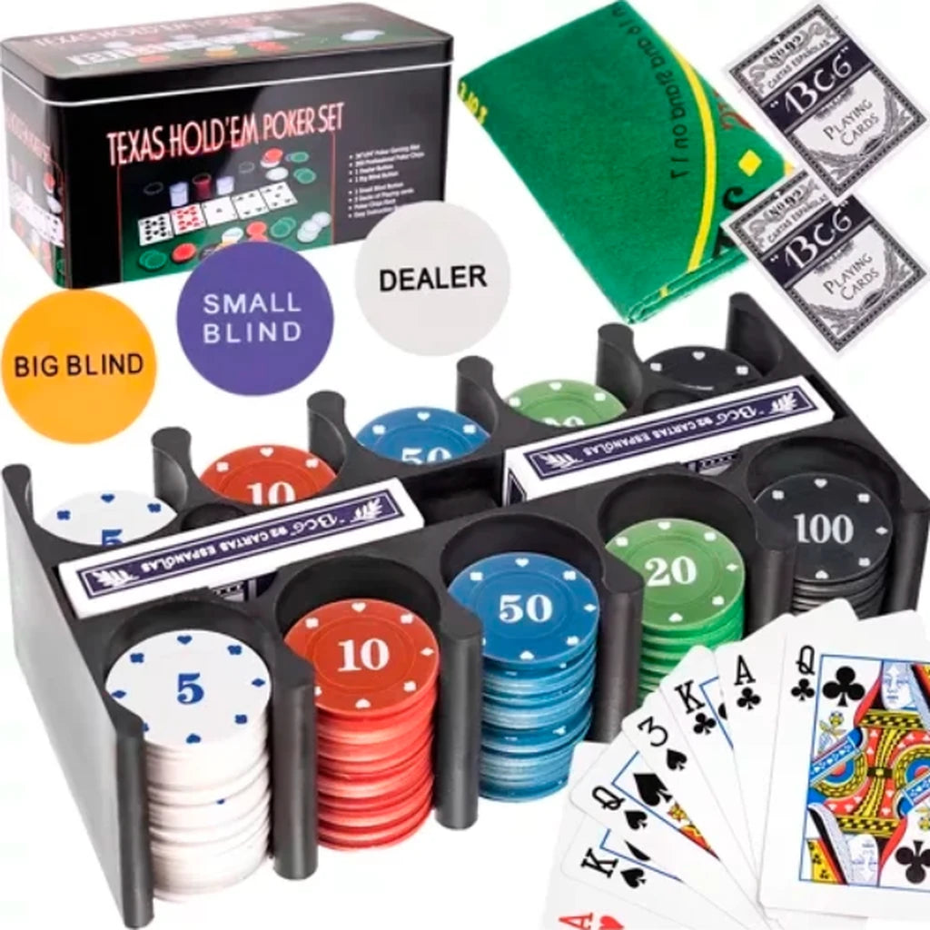 Set De Poker Texas, 200 De Jetoane, Covoraș 92x58 cm, 2 Pachete De Cărți, Cutie Metalică
