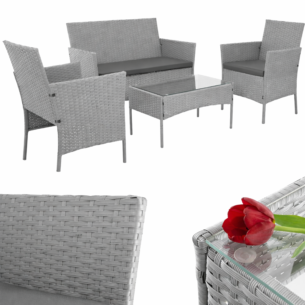 Set Mobilier Grădină Premium – Masă, Canapea și 2 Fotolii | Gri Deschis cu Perne Gri - MAXY