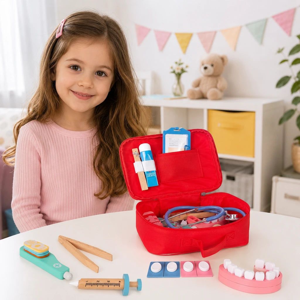 Set De Joaca Doctor Cu Piese Din Lemn Si Gentuta, Multicolor - MAXY