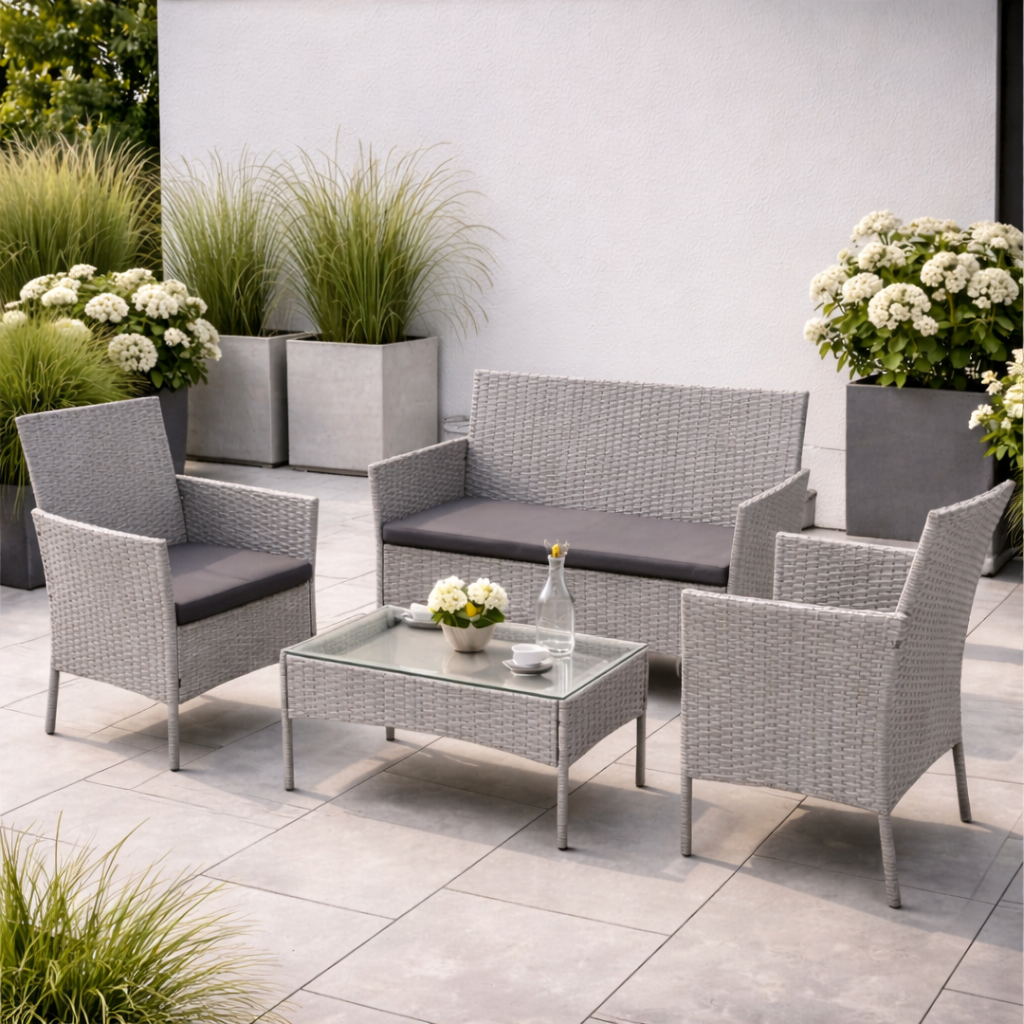 Set Mobilier Grădină Premium – Masă, Canapea și 2 Fotolii | Gri Deschis cu Perne Gri - MAXY